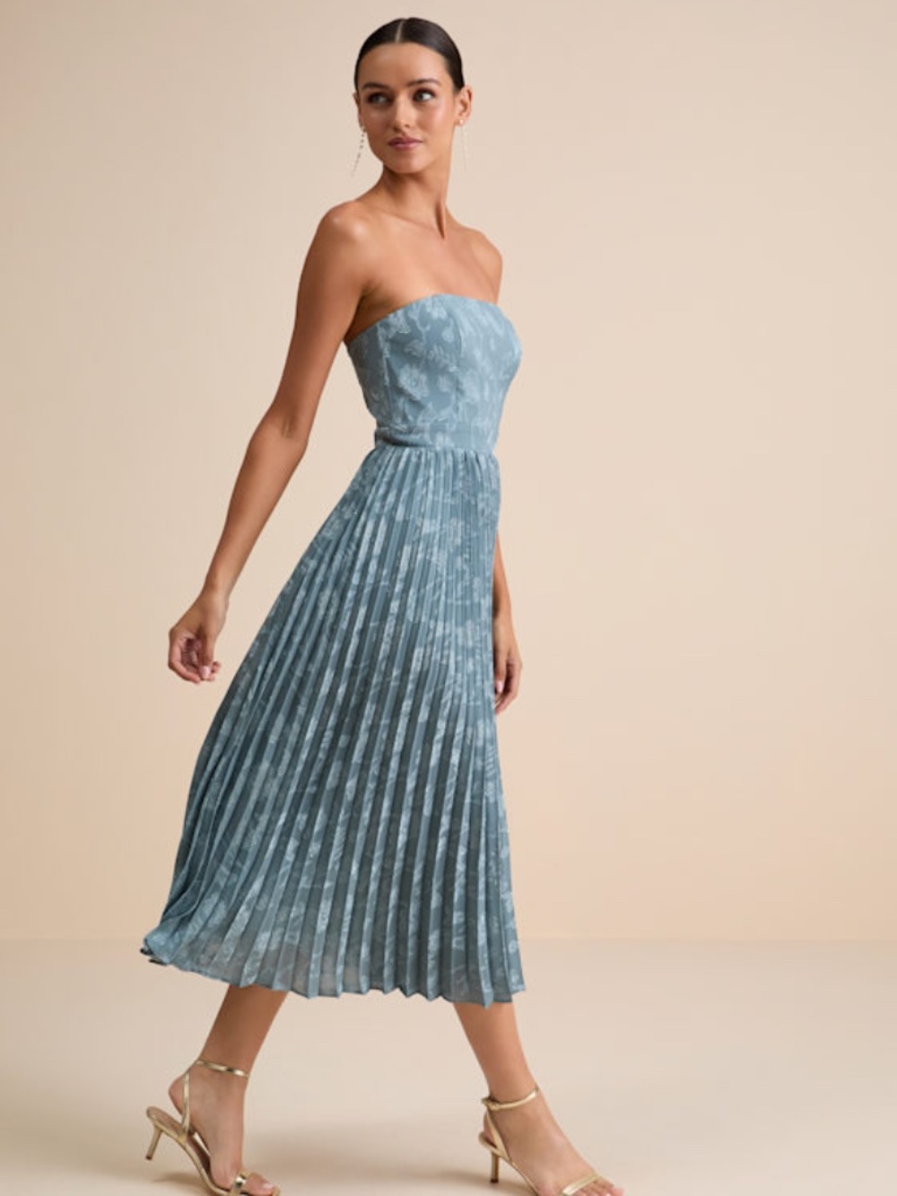 Lulus Perfectly Stunning Slate Blue Jacquard Strapless Midi Dress - Size L